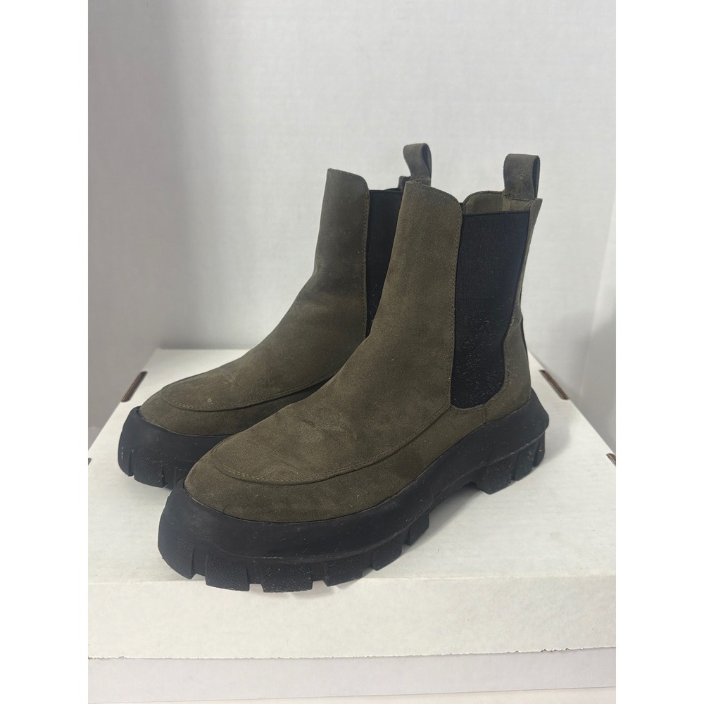 Boohoo Olive Green Faux Suede Chunky Lug Sole Chelsea Boots Womens 8 EU 39